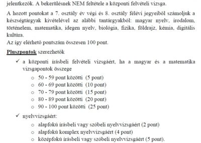 Felvételi eljárás rendje